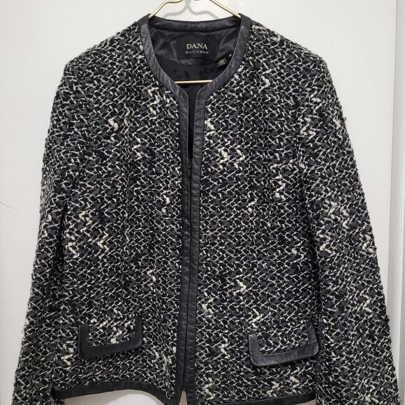 Dana Buchman Blazer Women Plus Sz 16 Zipper Tweed Boucle Wool Trim Leather - Picture 1 of 13